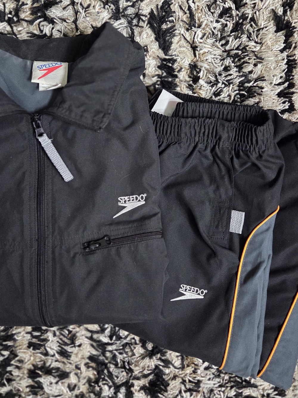 Speedo Men’s Black & Gray Track Jacket and Pants Set with Orange Piping